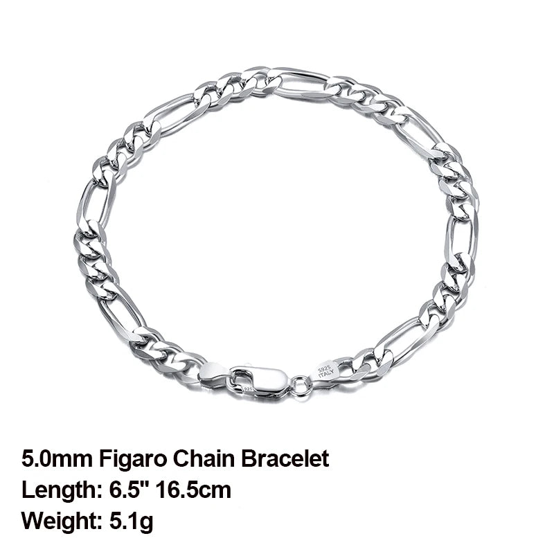 Bracelet Figaro en Argent Sterling 925 - Chaîne Diamantée Élégante - Plusieurs Tailles