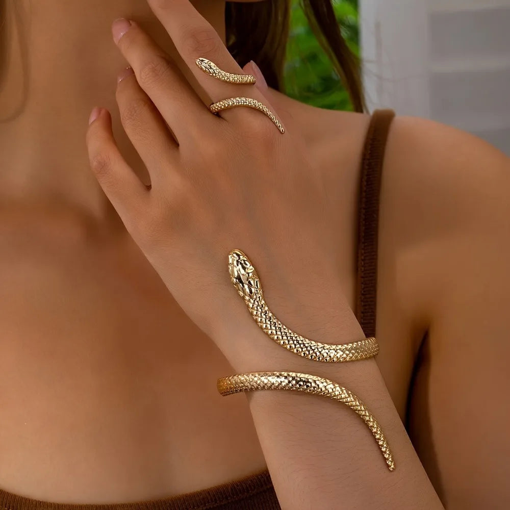 Set Bracelet & Bague Serpent Vintage – Style Punk Ajustable Or & Argent
