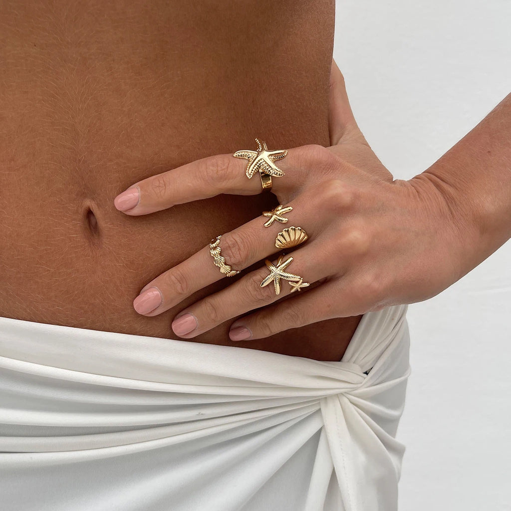 SHIXIN 4Pcs/Set Starfish Scallop Adjustable Open Rings for Women Trendy Geometric Gold Color Ring Summer Beach Jewelry Accessory