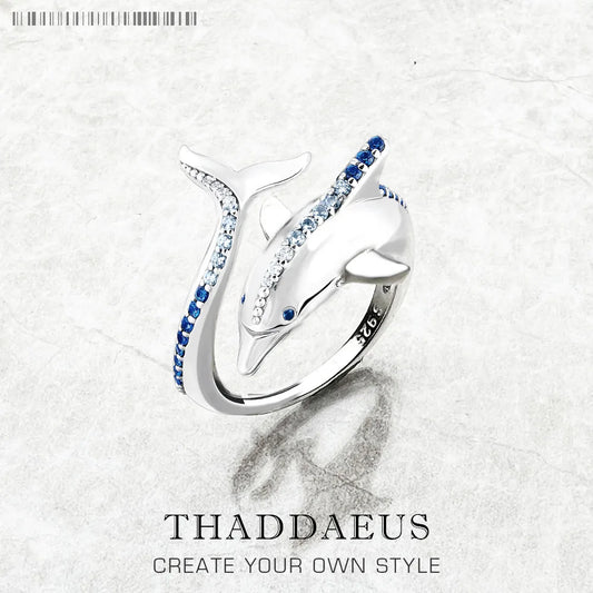 Bague dauphin avec pierres bleues - Nouvelle tendance en bijoux fins - Argent sterling 925 pur - Cadeau joyeux pour femmes