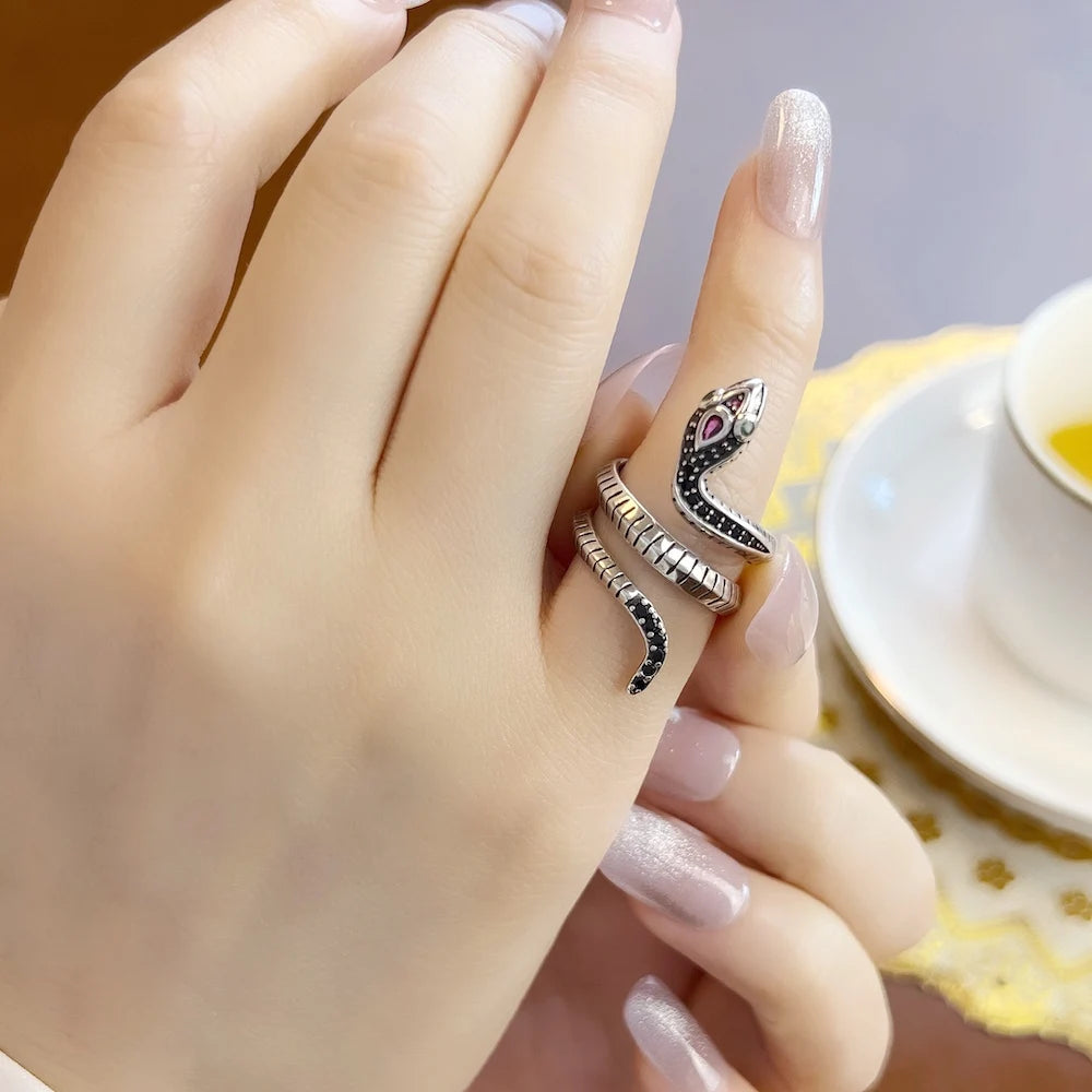 Bague Serpent Pierres Noires Style Europe Classique Bijoux Raffinés Pour Femmes, Cadeau Neuf En Argent Sterling 925 Pur