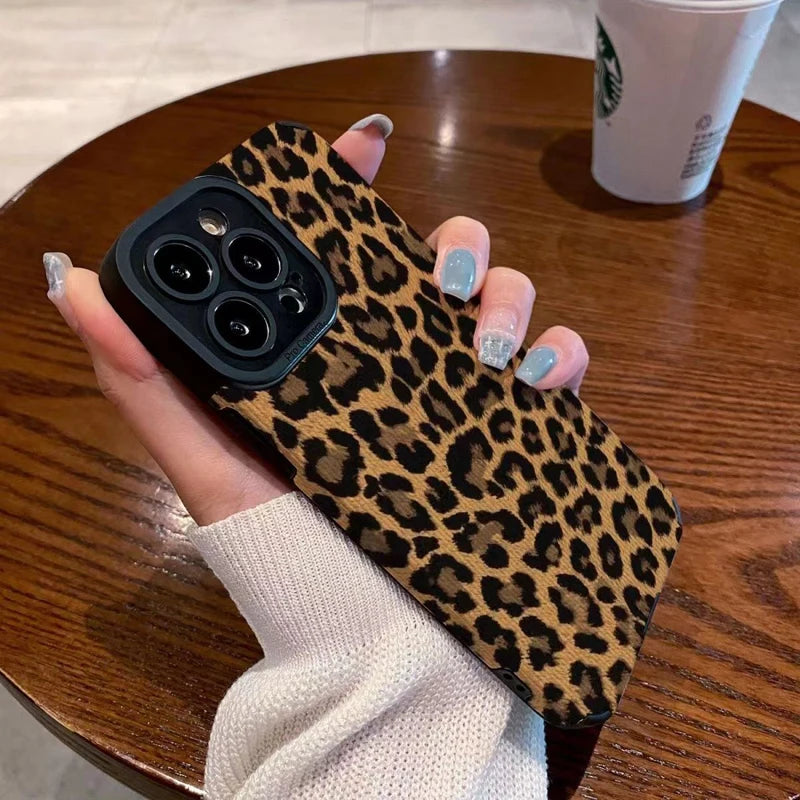 Coque en Silicone et Cuir Motif Léopard pour iPhone
