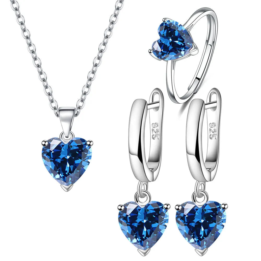 Ensemble de Bijoux en Argent Sterling 925 pour Femmes avec Bague, Boucles d'Oreilles et Collier Zircon Coeur