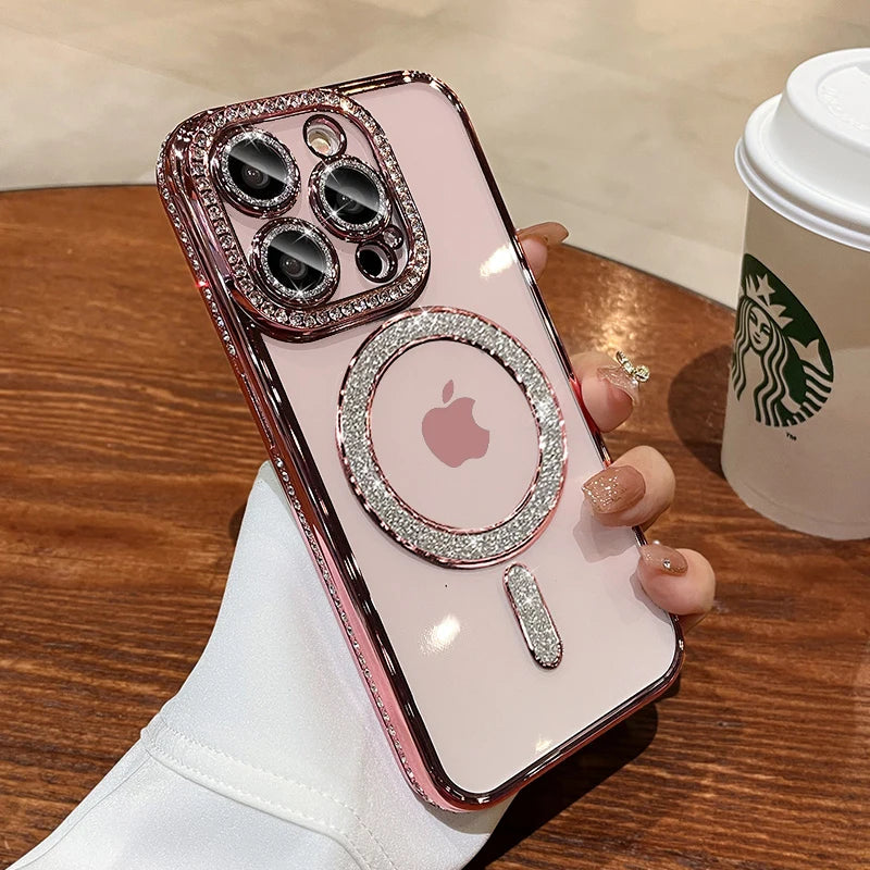 Coque de Luxe en Cristal Diamant pour iPhone - Étui Transparent avec Charge Magnétique