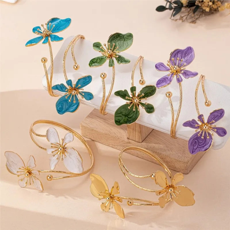 1pc Elegant & Sexy Floral Open Cuff Armlet for Women Vintage Enamel Glaze Craft Flower Open Arm Ring Jewelry Gift