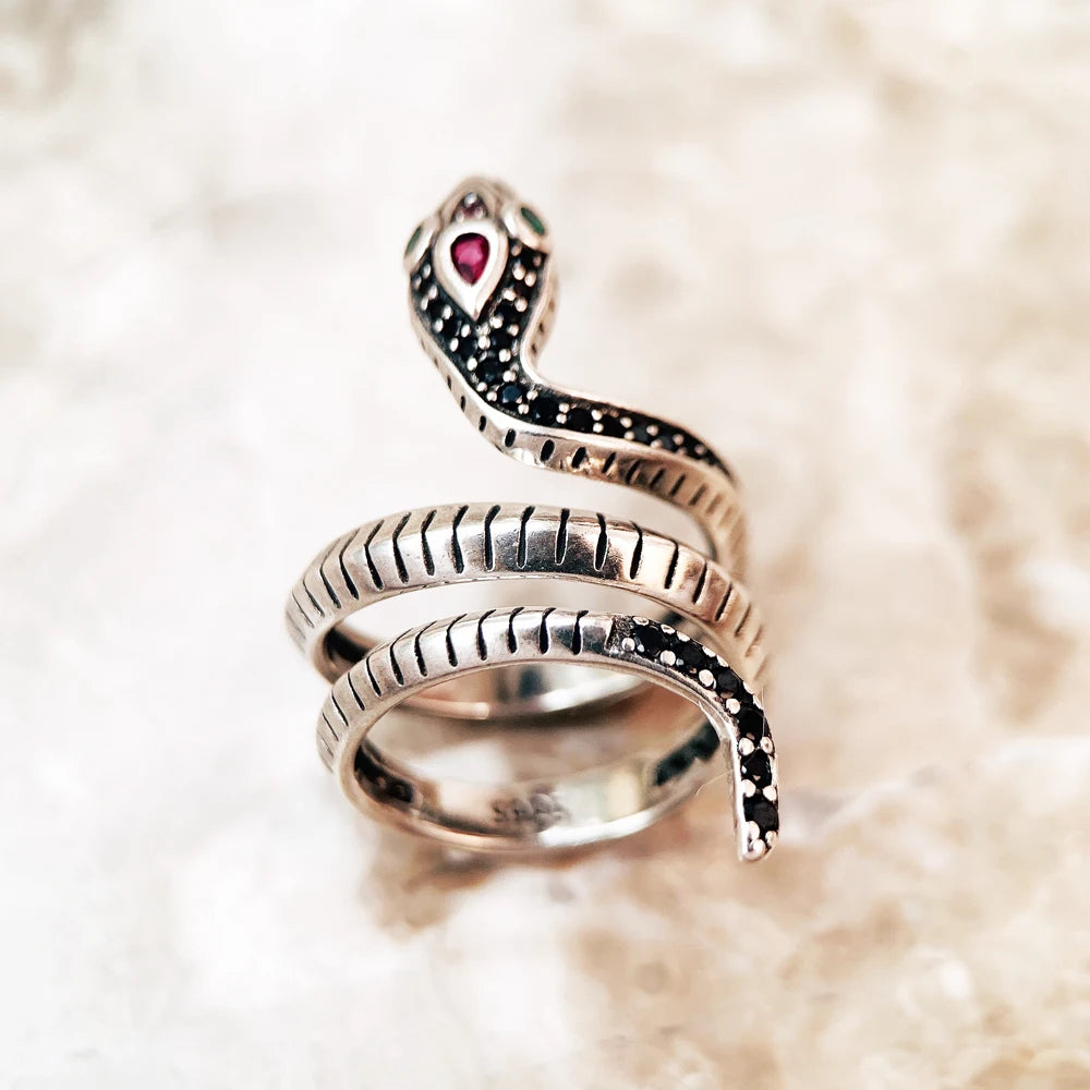 Bague Serpent Pierres Noires Style Europe Classique Bijoux Raffinés Pour Femmes, Cadeau Neuf En Argent Sterling 925 Pur