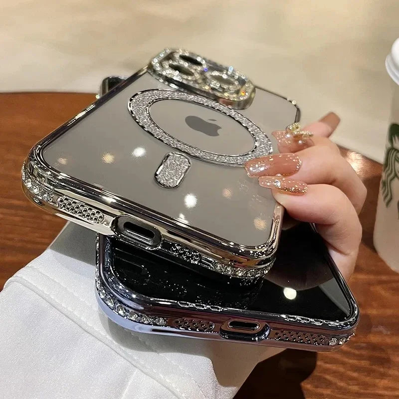 Coque de Luxe en Cristal Diamant pour iPhone - Étui Transparent avec Charge Magnétique