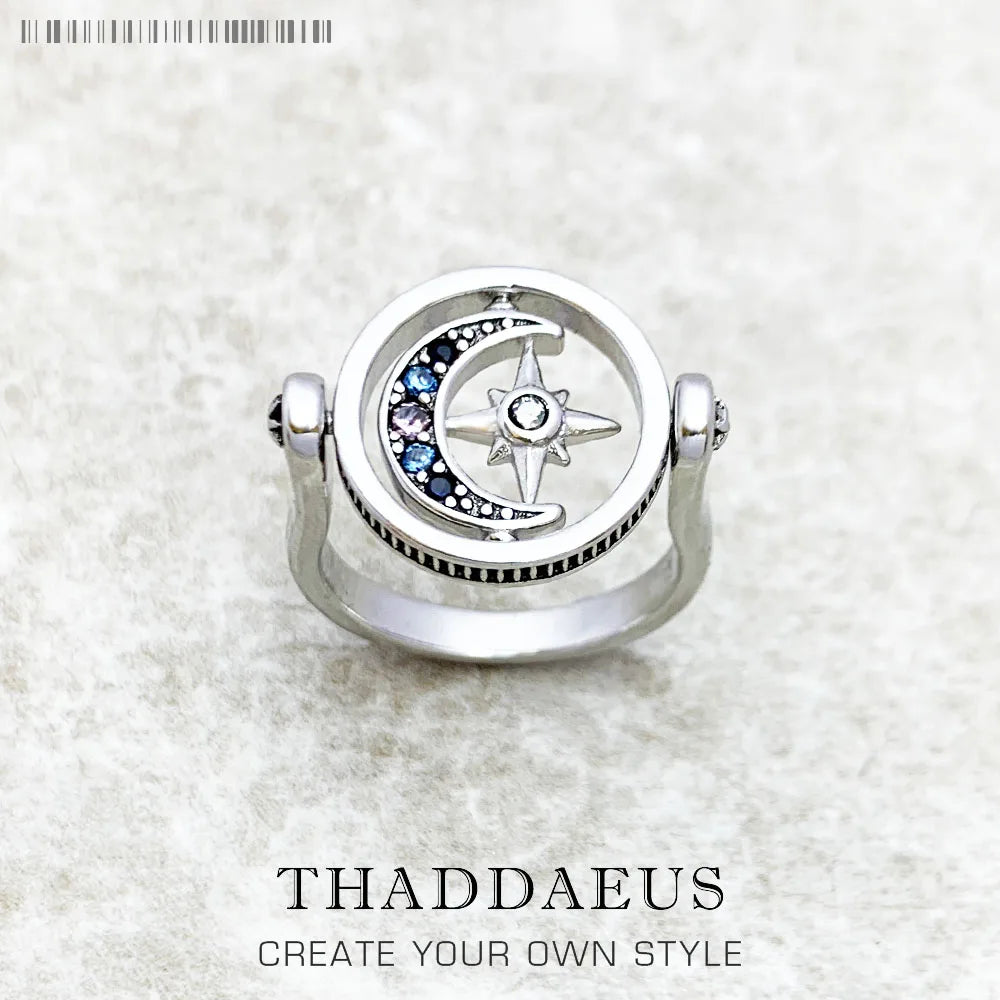 Bague Royauté Étoile & Lune Or, Bijoux Européens pour Femmes Élégantes, Cadeau Bohème 2022 en Argent Sterling 925