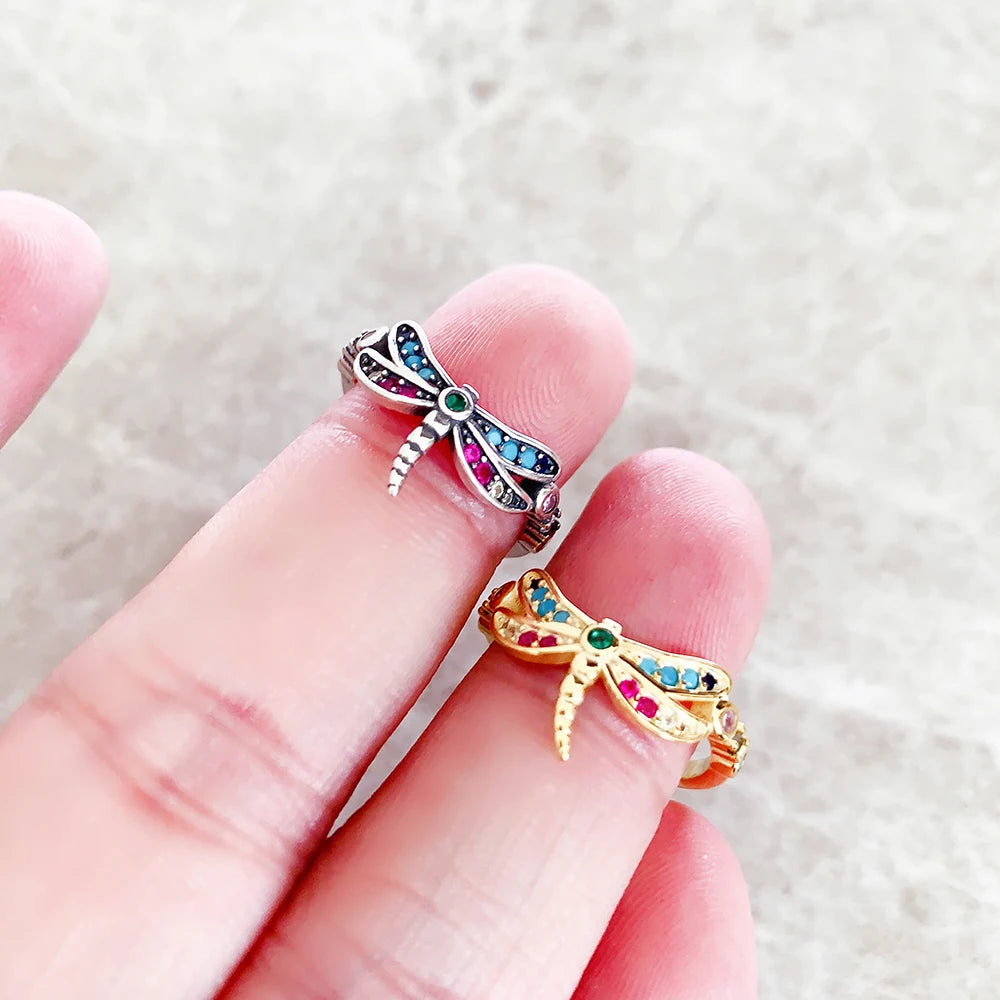 Anneau Libellule avec Pierres Colorées Europe Bohème Bijoux pour Femmes Cadeau Créatif en Argent Sterling 925