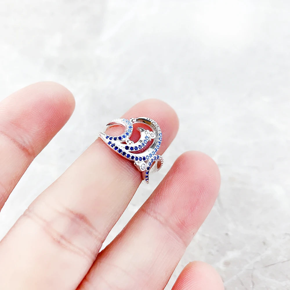Anneau Vague avec Pierres Bleues - Nouveauté - Fine Joaillerie - Argent Sterling 925 Pur - Tendance - Cadeau pour Femmes