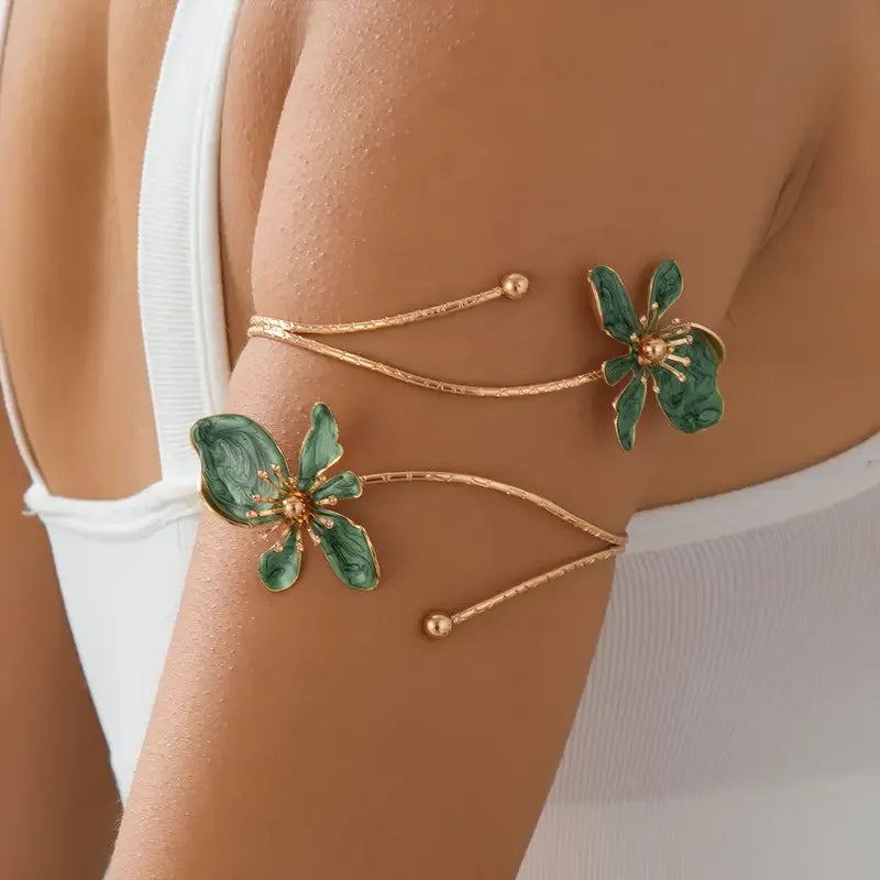 1pc Elegant & Sexy Floral Open Cuff Armlet for Women Vintage Enamel Glaze Craft Flower Open Arm Ring Jewelry Gift