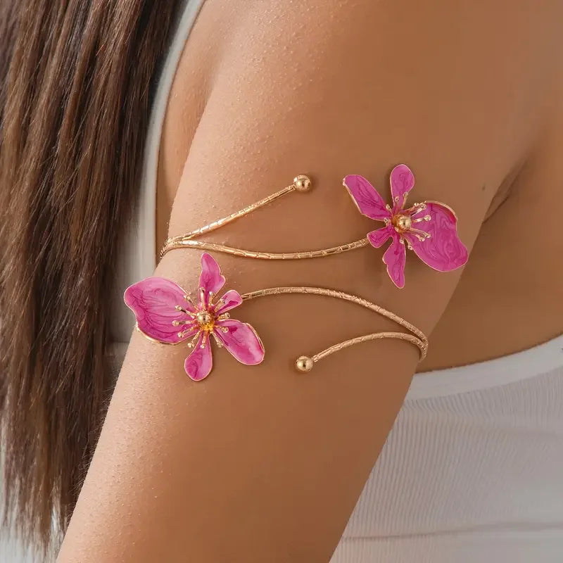 1pc Elegant & Sexy Floral Open Cuff Armlet for Women Vintage Enamel Glaze Craft Flower Open Arm Ring Jewelry Gift