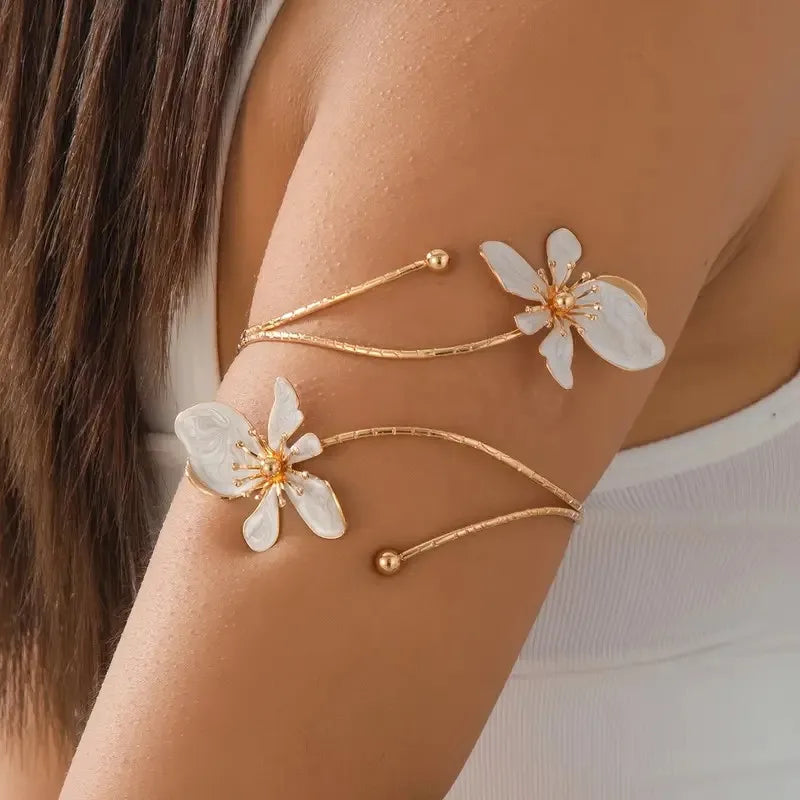1pc Elegant & Sexy Floral Open Cuff Armlet for Women Vintage Enamel Glaze Craft Flower Open Arm Ring Jewelry Gift