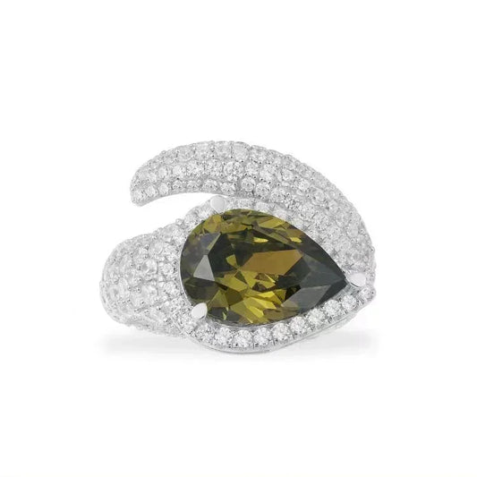 Bague Goutte Vert Olive – Zircons Brillants et Design Audacieux