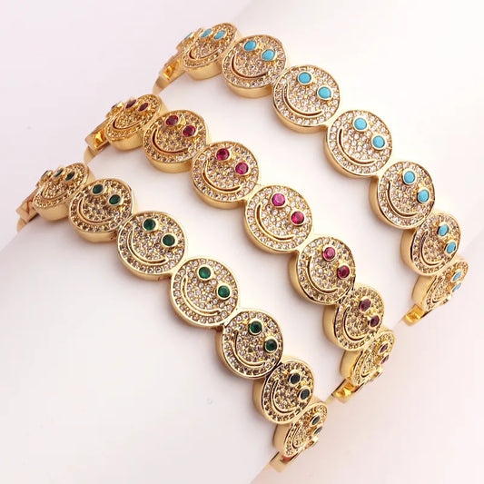 Bracciale Smiley Bracciale con sorriso tondo in rame placcato oro con zirconi
