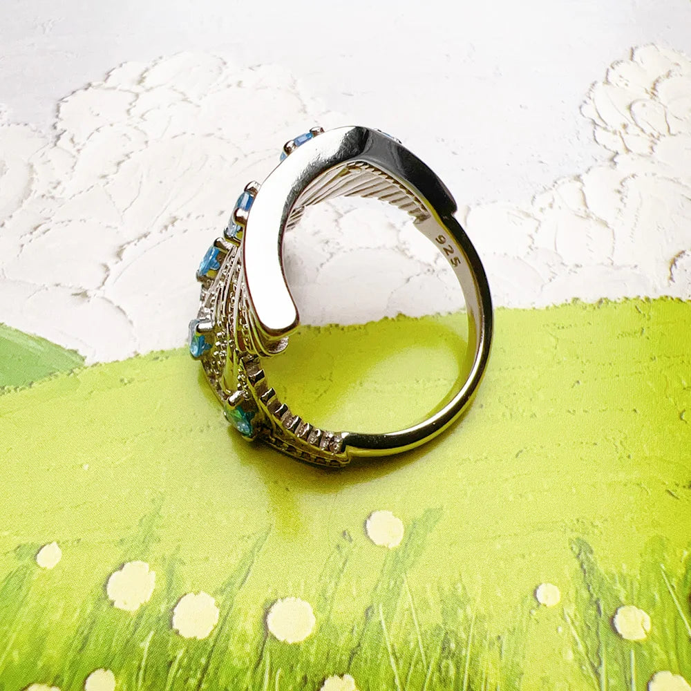 Bague Aile de Phénix - Style Bohème 925 Argent Sterling avec Pierres Bleues