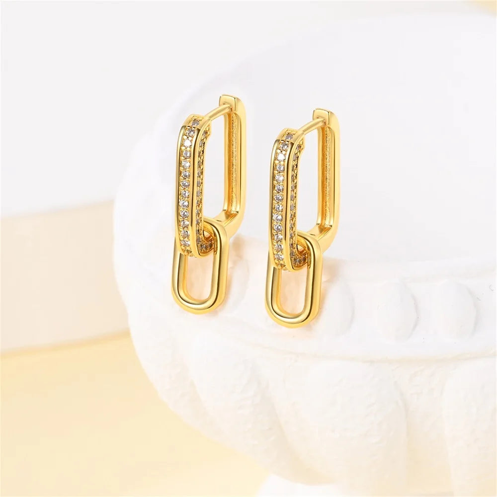Boucles d'Oreilles Élégantes en Argent 925 et Or K - Design Double Boucle Carrée, Parfaites pour Anniversaires et Soirées