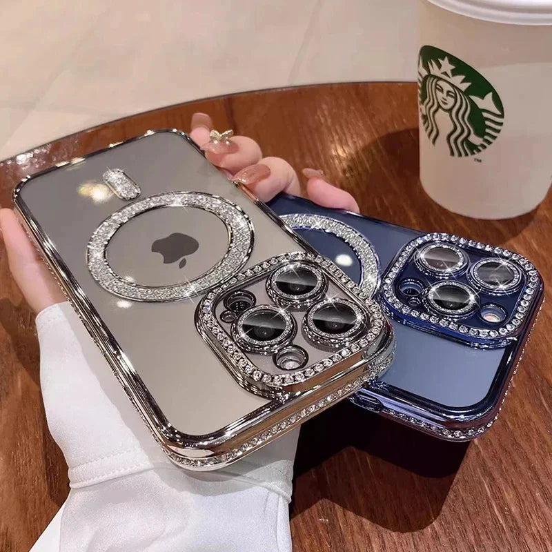 Coque de Luxe en Cristal Diamant pour iPhone - Étui Transparent avec Charge Magnétique