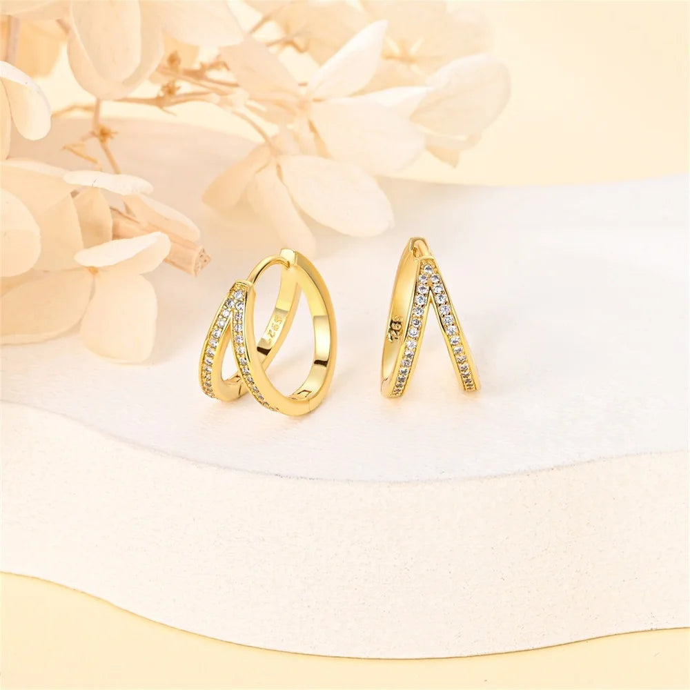 Boucles d’Oreilles Créoles en Argent Sterling 925 - Double Anneaux Pavés Style Classique pour Femme