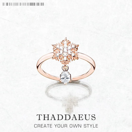 Bague Flocon de Neige Or Rose - Pierres Blanches - Bijoux Fins - Cadeau d'Hiver Romantique pour Femmes en Argent Sterling 925