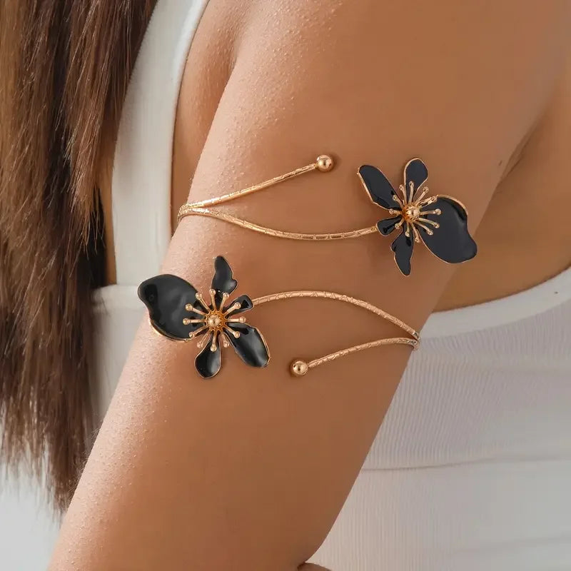 1pc Elegant & Sexy Floral Open Cuff Armlet for Women Vintage Enamel Glaze Craft Flower Open Arm Ring Jewelry Gift