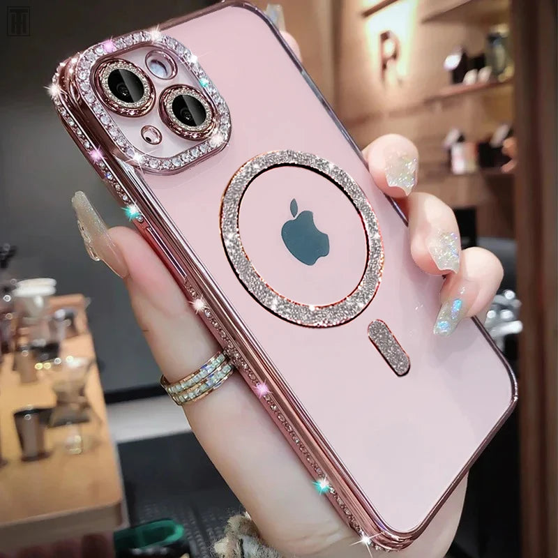 Coque de Luxe en Cristal Diamant pour iPhone - Étui Transparent avec Charge Magnétique