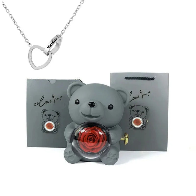 Boîte Cadeau Eternal Rose en Forme d'Ours avec Collier - Coffret Bijoux Rotatif pour Femme et Petite Amie, Idéal Saint-Valentin et Mariage