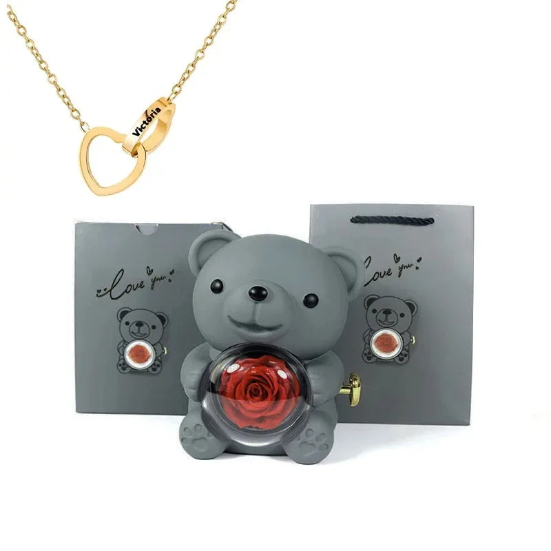 Boîte Cadeau Eternal Rose en Forme d'Ours avec Collier - Coffret Bijoux Rotatif pour Femme et Petite Amie, Idéal Saint-Valentin et Mariage