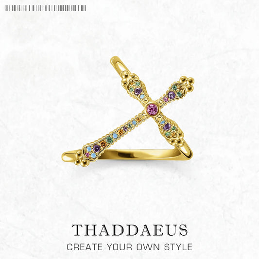 Bague Colourful Royalty Cross Gold - Modèle Victoire Neuf - Vintage Cadeau Fine Jewerly Pour Femmes En 925 Argent Sterling