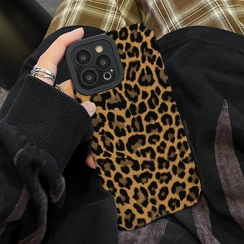 Coque en Silicone et Cuir Motif Léopard pour iPhone