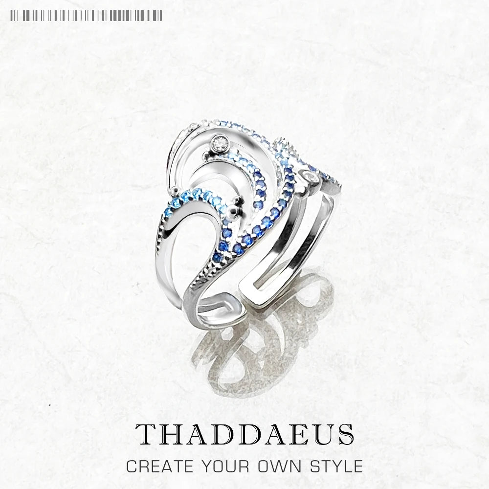 Anneau Vague avec Pierres Bleues - Nouveauté - Fine Joaillerie - Argent Sterling 925 Pur - Tendance - Cadeau pour Femmes