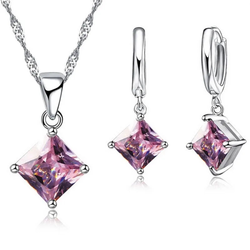 Ensemble de Bijoux en Argent Sterling 925 avec Pendentif Cristal et Boucles d'Oreilles pour Femme