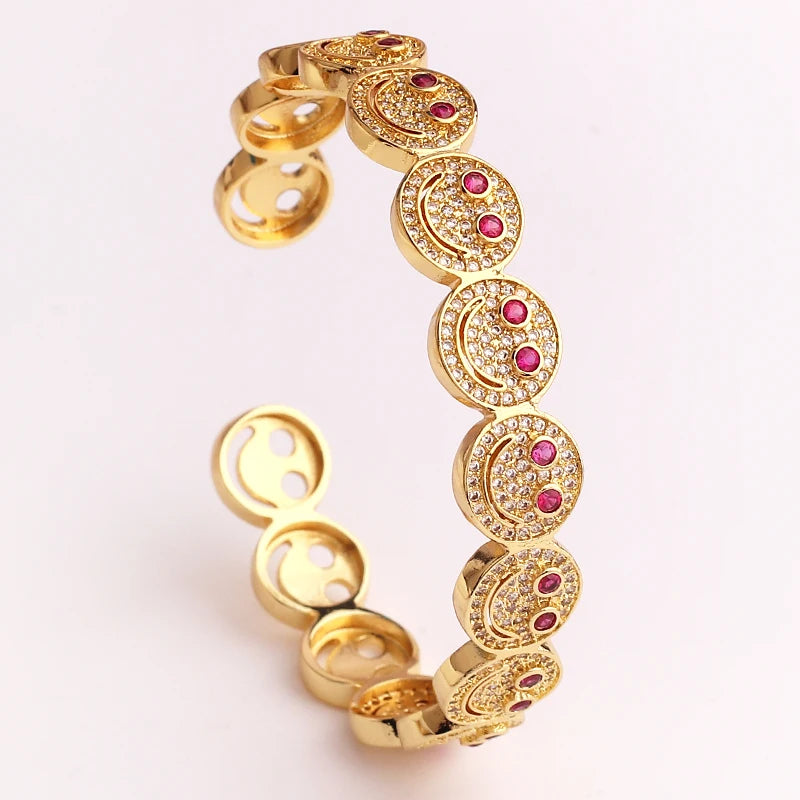 Bracciale Smiley Bracciale con sorriso tondo in rame placcato oro con zirconi