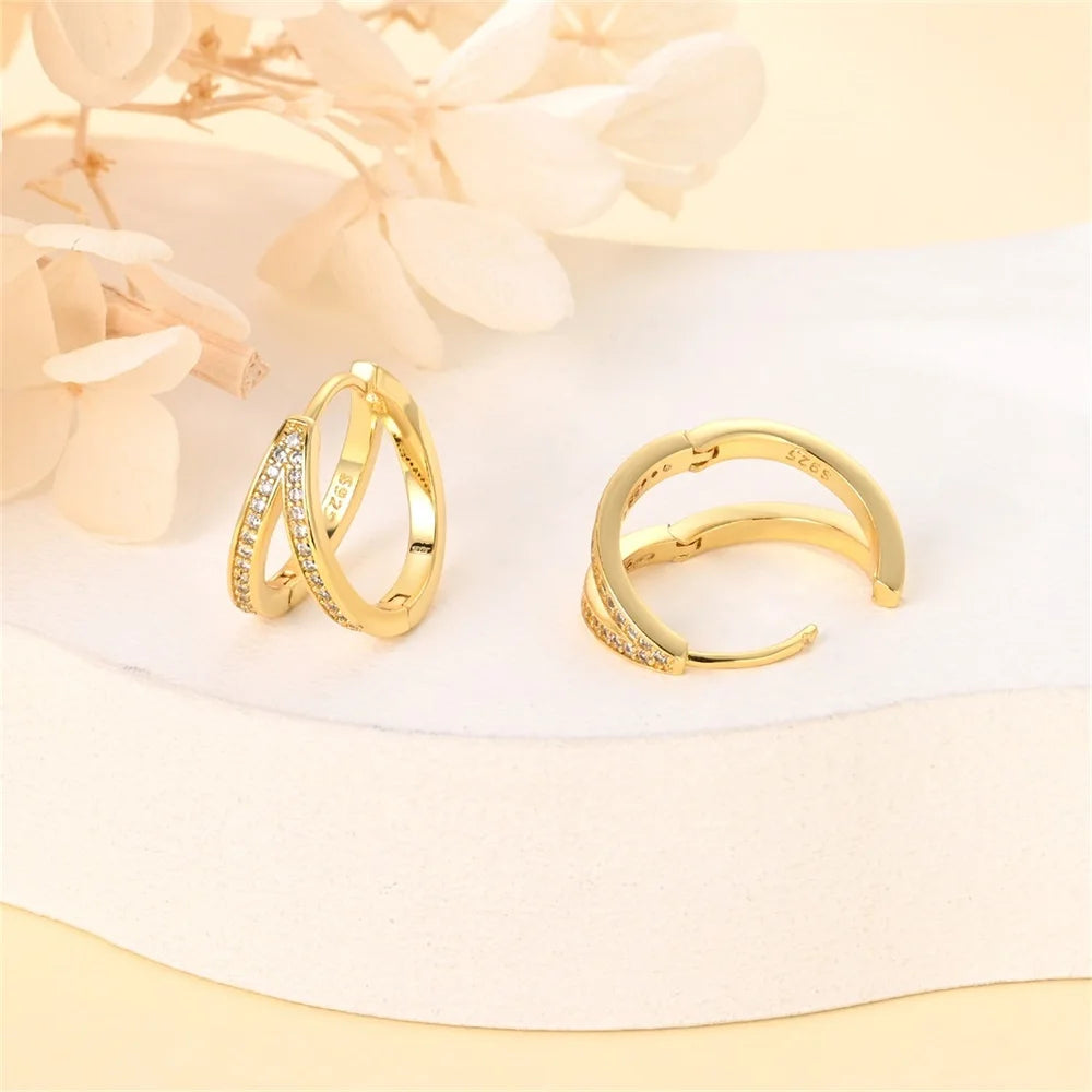 Boucles d’Oreilles Créoles en Argent Sterling 925 - Double Anneaux Pavés Style Classique pour Femme