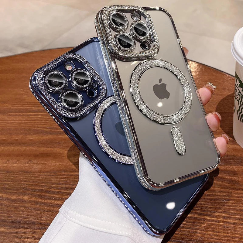 Coque de Luxe en Cristal Diamant pour iPhone - Étui Transparent avec Charge Magnétique